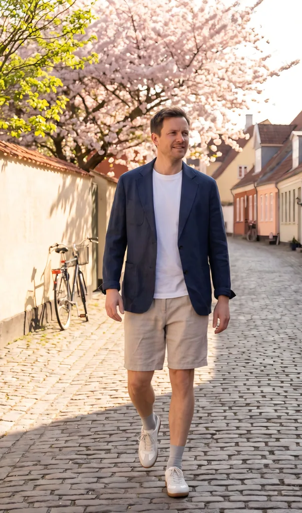 Maiz' version: samme blå blazer, hvide T-shirt og lyse shorts på en livagtig model i en solbeskinnet gågade