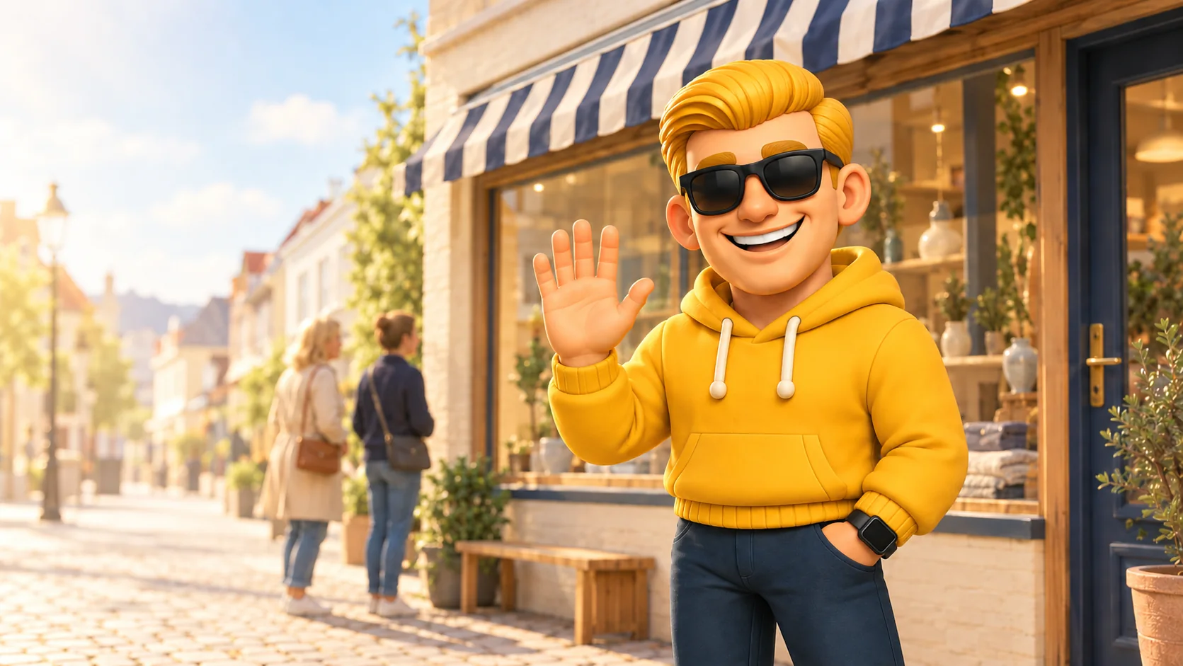 Maiz vinker foran en lokal butik i gågaden, mens forbipasserende kigger ind ad vinduet